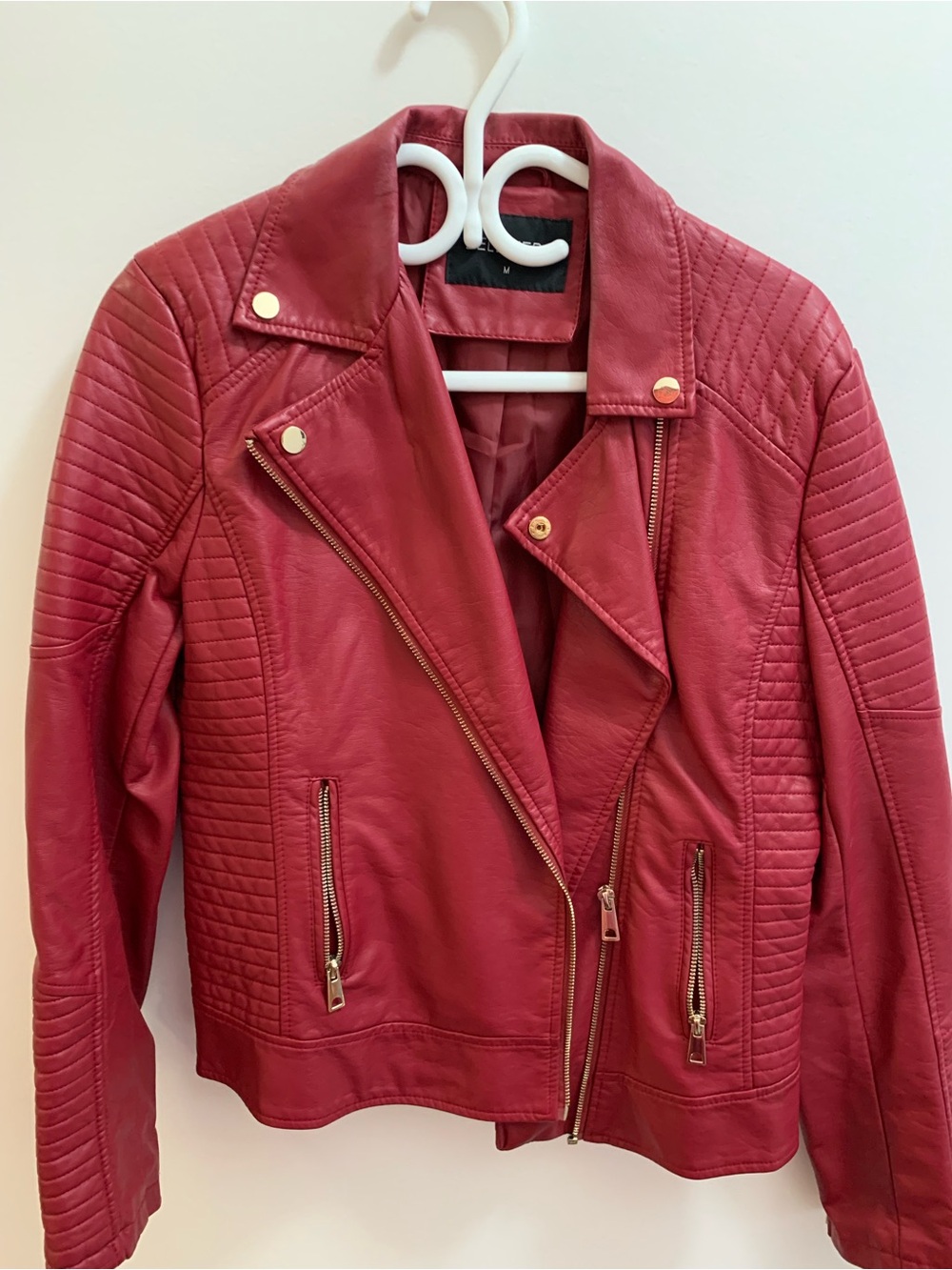 Women’s Red Quilted Faux Leather Moto Jacket - Classic Biker Style